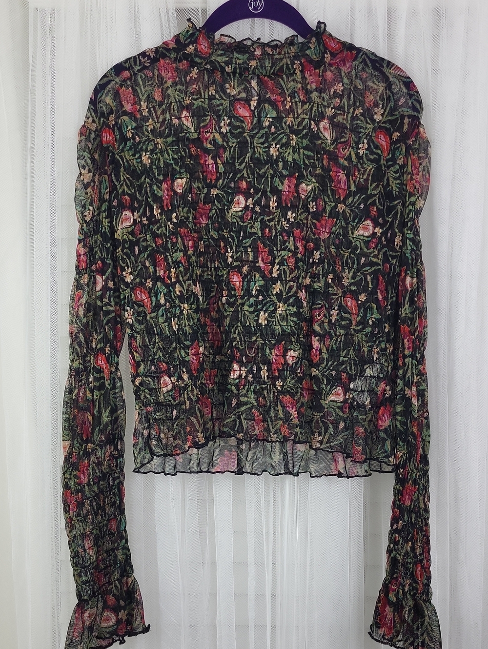 Free People Floral Smocked High-Neck Blouse - Green & Red. Size M